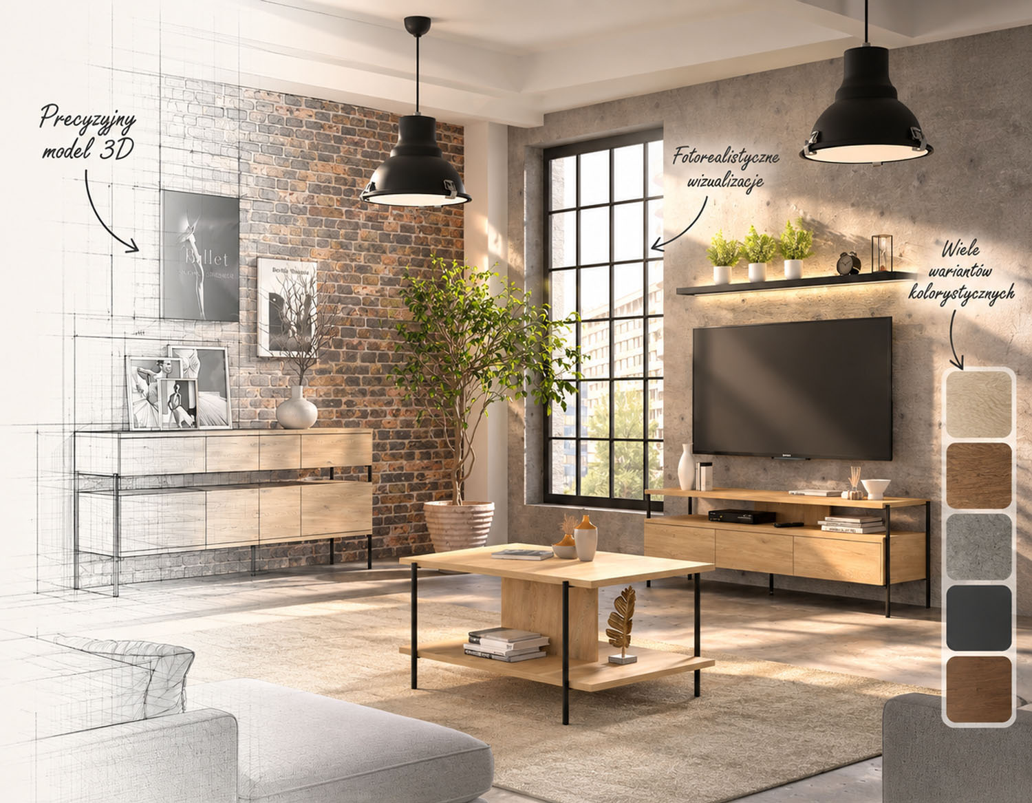 Fotorealistyczna wizualizacja salonu z meblami 3D